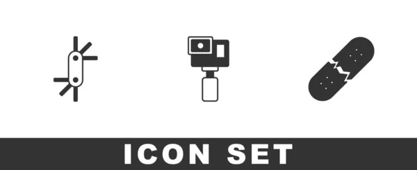 Set Tool allen keys, Action camera and Broken skateboard deck icon. Vector — Stock Vector