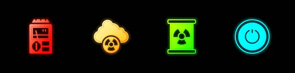 Definir dosímetro, chuva ácida e nuvem radioativa, barril de resíduos radioativos e ícone do botão Power. Vetor — Vetor de Stock
