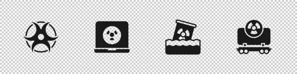 Ange Biohazard symbol, Nuclear laptop, Radioaktivt avfall i fat och last tåg ikon. Vektor — Stock vektor