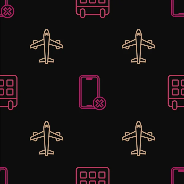 Set line Calendar and airplane, Plane and No cell phone on seamless pattern. Vector — Stockvector