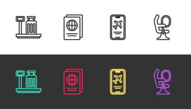 Sırayı bavul, pasaport, mobil bilet ve uçak biletiyle siyah beyaz olarak ayarla. Vektör