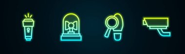 Flashlight, Flasher siren, ayak sesleri ve güvenlik kamerası ayarlayın. Parlayan neon ikonu. Vektör