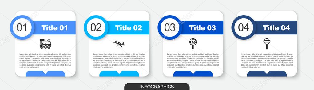 Set line Toy train, Seesaw, Lollipop and . Business infographic template. Vector