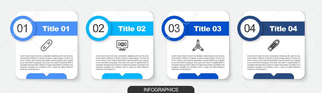 Set line Skateboard, wheel, Y-tool and deck. Business infographic template. Vector