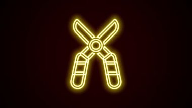Siyah arkaplanda izole edilmiş simgeyi budamak için parlayan neon çizgisi el yapımı makas. Ahşap saplı budama makası. 4K Video hareketli grafik canlandırması
