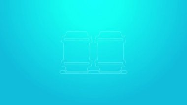 Mavi arka planda izole edilmiş şarap ikonu için pembe çizgi ahşap fıçı. 4K Video hareketli grafik canlandırması