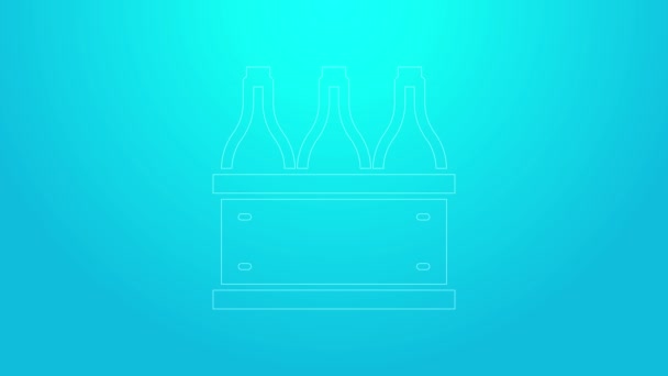 Línea rosa Botellas de vino en una caja de madera icono aislado sobre fondo azul. Botellas de vino en un icono de caja de madera. Animación gráfica de vídeo 4K — Vídeo de stock