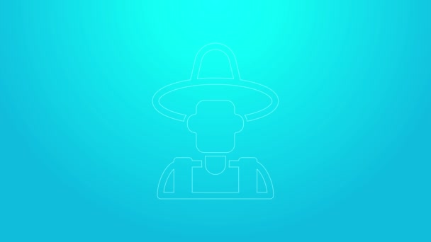 Mavi arka planda izole edilmiş şapka ikonundaki pembe çizgi çiftçisi. 4K Video hareketli grafik canlandırması — Stok video