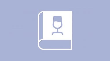 Mor arka planda izole edilmiş şarap ikonu hakkında beyaz kitap. Şarap kadehi ikonu. Şarap kadehi işareti. 4K Video hareketli grafik canlandırması