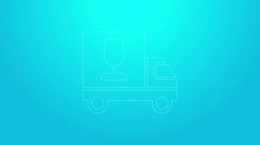 Pembe çizgili şarap kamyonu ikonu mavi arka planda izole edilmiş. Hızlı teslimat. 4K Video hareketli grafik canlandırması