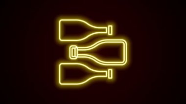 Parlayan neon çizgisi şarap şişeleri siyah arka planda izole edilmiş. 4K Video hareketli grafik canlandırması
