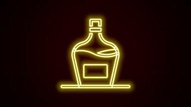 Parlayan neon hattı. Siyah arka planda izole edilmiş eski bir şarap ikonu şişesi. Bir şişe ev yapımı şarap. 4K Video hareketli grafik canlandırması