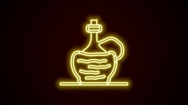 Siyah arka planda izole edilmiş İtalyan fiyasko şişe ikonunda parlayan neon hattı şarabı. Rattan standında şarap şişesi. 4K Video hareketli grafik canlandırması