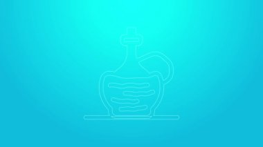 Mavi arka planda izole edilmiş İtalyan fiyasko şişe ikonundaki pembe çizgi şarabı. Rattan standında şarap şişesi. 4K Video hareketli grafik canlandırması