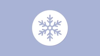 Beyaz Kar Tanesi simgesi mor arkaplanda izole edildi. Mutlu Noeller ve mutlu yıllar. 4K Video hareketli grafik canlandırması