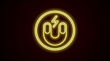 Parlayan neon hattı mıknatıs simgesi siyah arkaplanda izole edildi. At nalı mıknatısı, manyetizma, manyetizma, çekim. 4K Video hareketli grafik canlandırması