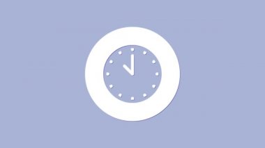 Mor arkaplanda beyaz saat simgesi izole edildi. Zaman sembolü. 4K Video hareketli grafik canlandırması