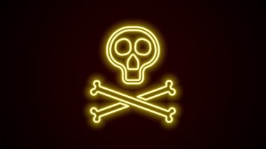 Siyah zemin üzerinde parlayan neon çizgisi Bones ve kafatası toksik uyarı simgesi olarak izole edilmiş. 4K Video hareketli grafik canlandırması