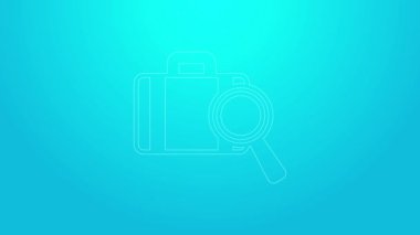 Pembe Hat Havayolları mavi arka planda kayıp bagaj simgesini bulma servisi. Bagajları arayın. 4K Video hareketli grafik canlandırması