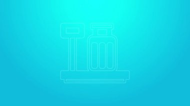 Mavi arkaplanda izole edilmiş bavul simgesiyle pembe çizgi ölçeği. Lojistik ve teslimat. Dağıtım paketinin ağırlığı bir ölçekte. 4K Video hareketli grafik canlandırması