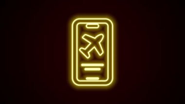 Siyah arka planda elektronik geçiş kartı olan parlak neon hat akıllı telefon ikonu. Web ve uygulama için yolcu uçağı bileti. 4K Video hareketli grafik canlandırması