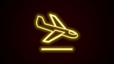 Parlayan neon hattı uçak iniş ikonu siyah arka planda izole edildi. Uçak taşıma sembolü. 4K Video hareketli grafik canlandırması