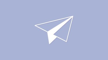 Beyaz kağıt uçak simgesi mor arkaplanda izole edildi. 4K Video hareketli grafik canlandırması