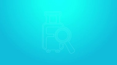 Pembe Hat Havayolları mavi arka planda kayıp bagaj simgesini bulma servisi. Bagajları arayın. 4K Video hareketli grafik canlandırması