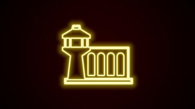 Parlayan neon hattı havaalanı kontrol kulesi simgesi siyah arkaplanda izole edildi. 4K Video hareketli grafik canlandırması