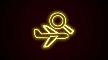 Parlayan neon hattı uçak arama ikonu siyah arkaplanda izole edildi. 4K Video hareketli grafik canlandırması