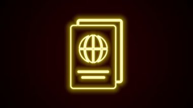 Siyah arkaplanda izole edilmiş biyometrik veri simgesiyle parlayan neon hattı pasaportu. Kimlik belgesi. 4K Video hareketli grafik canlandırması