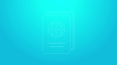 Mavi zemin üzerinde biyometrik veri simgesi olan pembe çizgi pasaportu. Kimlik belgesi. 4K Video hareketli grafik canlandırması