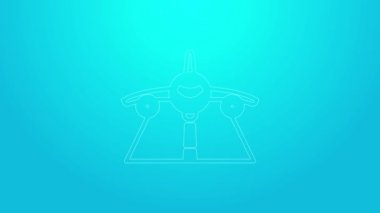 Pembe çizgi düzlem simgesi mavi arkaplanda izole edildi. Uçan uçak ikonu. Uçak tabelası. 4K Video hareketli grafik canlandırması