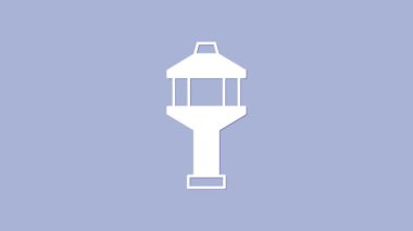 Beyaz Havalimanı kontrol kulesi simgesi mor arkaplanda izole edildi. 4K Video hareketli grafik canlandırması