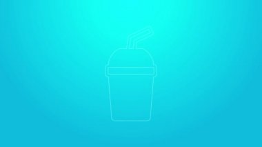 Mavi zemin üzerinde saman ve su ikonu olan pembe çizgi kağıt bardak. Soda bardağı. Taze soğuk içecek sembolü. 4K Video hareketli grafik canlandırması