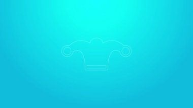 Mavi arka planda izole edilmiş pembe çizgili Jester şapkası. Palyaço ikonu. Lunapark komedyen işareti. 4K Video hareketli grafik canlandırması