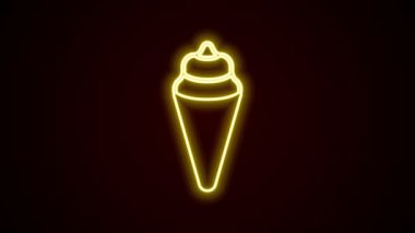 Siyah zemin üzerinde izole edilmiş waffle konisi ikonunda parlayan neon çizgisi dondurma. Güzel sembol. 4K Video hareketli grafik canlandırması