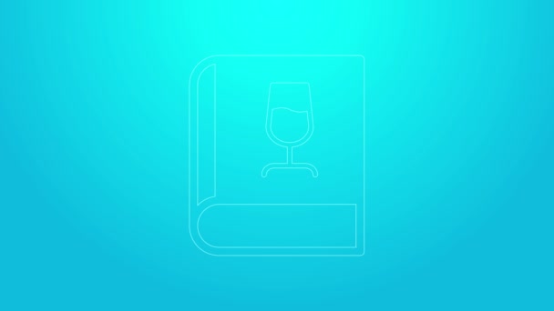 Linea rosa Libro sull'icona del vino isolato su sfondo blu. Icona del bicchiere di vino. Un cartello di vetro. Animazione grafica 4K Video motion — Video Stock