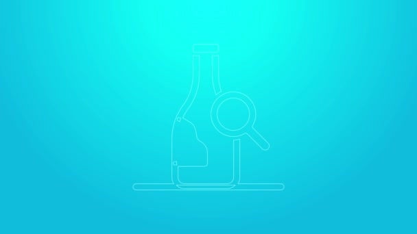 Línea rosa Icono de botella de vino aislado sobre fondo azul. Detalles sobre el vino. Animación gráfica de vídeo 4K — Vídeo de stock