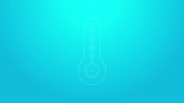 Rosafarbenes Zeilenthermometer zur Messung von Hitze und Kälte, isoliert auf blauem Hintergrund. Thermometer, die heißes oder kaltes Wetter anzeigen. 4K Video Motion Grafik Animation — Stockvideo