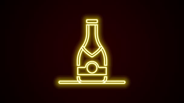 Светящаяся неоновая линия икона бутылки шампанского выделена на черном фоне. Видеографическая анимация 4K — стоковое видео