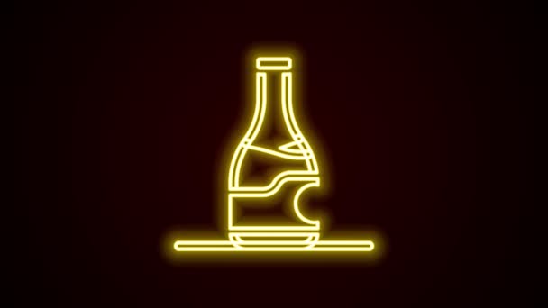 Ragyogó neon vonal Palack bor ikon elszigetelt fekete háttérrel. 4K Videó mozgás grafikus animáció — Stock videók
