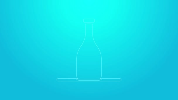 Pink line Bottle of wine icon isolated on blue background. 4K Video motion graphic animation — Stock Video