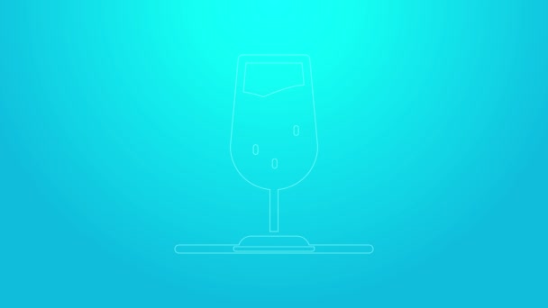 Ligne rose Icône en verre de vin isolé sur fond bleu. Panneau de verre à vin. Animation graphique de mouvement vidéo 4K — Video