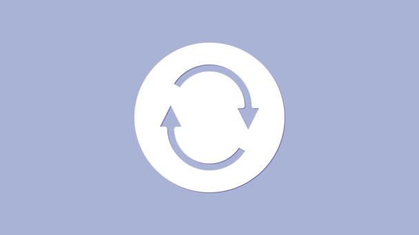 Icono de símbolo de reciclaje blanco aislado sobre fondo púrpura. Icono de flecha circular. El medio ambiente reciclable se vuelve verde. Animación gráfica de vídeo 4K — Vídeo de stock