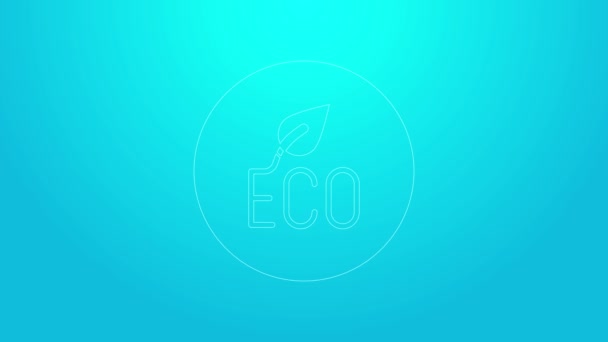 Linha rosa folha Eco ícone símbolo isolado no fundo azul. Banner, etiqueta, etiqueta, logotipo, adesivo para verde eco. Animação gráfica em movimento de vídeo 4K — Vídeo de Stock