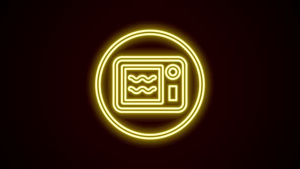 Icono del horno de microondas en línea de neón brillante aislado sobre fondo negro. Icono de electrodomésticos. Se puede calentar en microondas. Animación gráfica de vídeo 4K — Vídeo de stock
