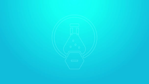 Línea rosa Tubo de ensayo y frasco químico icono de prueba de laboratorio aislado sobre fondo azul. Signo de cristalería del laboratorio. Animación gráfica de vídeo 4K — Vídeos de Stock