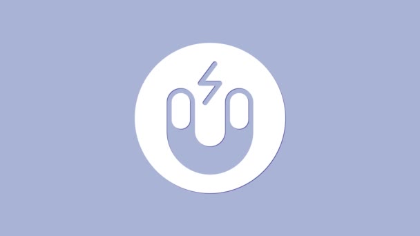 Icona magnetica bianca isolata su sfondo viola. Magnete a ferro di cavallo, magnetismo, magnetismo, attrazione. Animazione grafica 4K Video motion — Video Stock