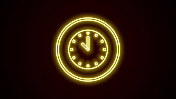 Parlayan neon çizgi saat simgesi siyah arkaplanda izole edildi. Zaman sembolü. 4K Video hareketli grafik canlandırması — Stok video